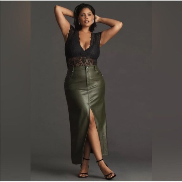 Pilcro The Madi Faux Leather Front Slit Maxi Skirt Anthropologie Army Green Size - Picture 2 of 12